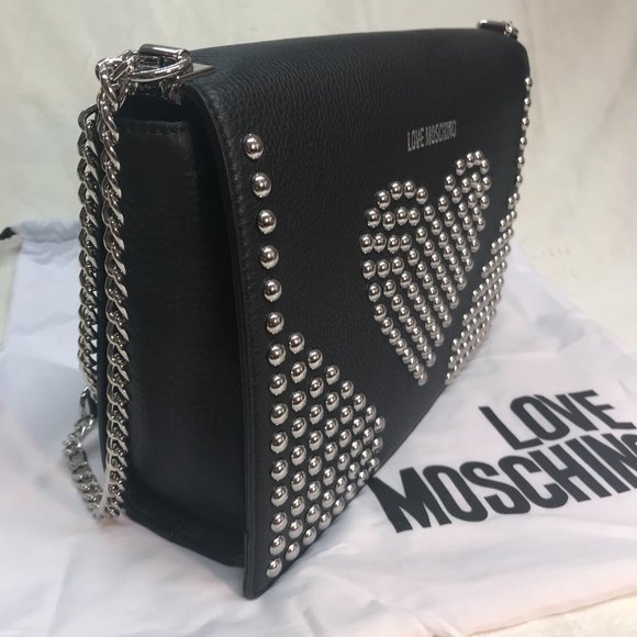 NWT LOVE MOSCHINO Leather Studded Heart Chain Strap Bag - Picture 2 of 10